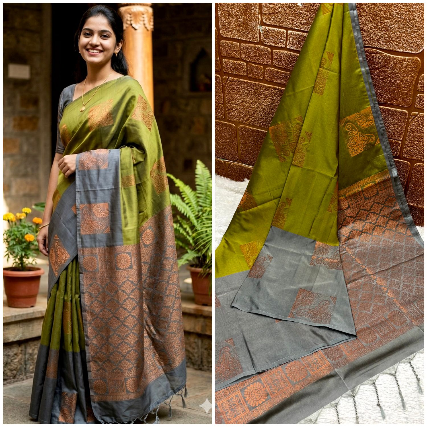 Deep Maroon and Ash Grey Semi-Kora Muslin Cotton Saree